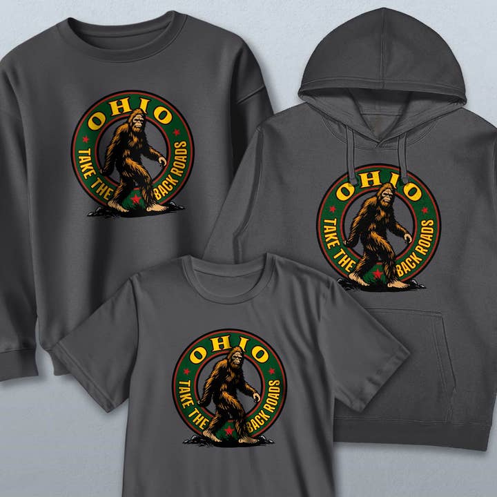 Ohio Bigfoot Bagveje Voksen T-shirt, Sweatshirt eller Hættetrøje for engroshandel hos RetroPlanet
