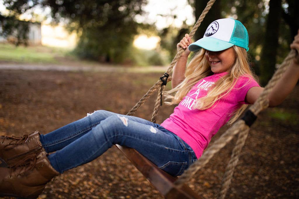 Outdoorable Apparel - Wholesale Screen Printed T-Shirt - Kids - Pink with White Take A Hike Girl's Shirt3