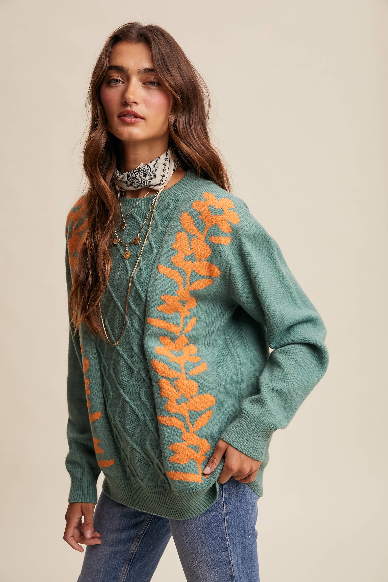 Listicle - Wholesale Knit Sweater - Women's - Floral Panel Cable Knit Sweater (LSW0880)22