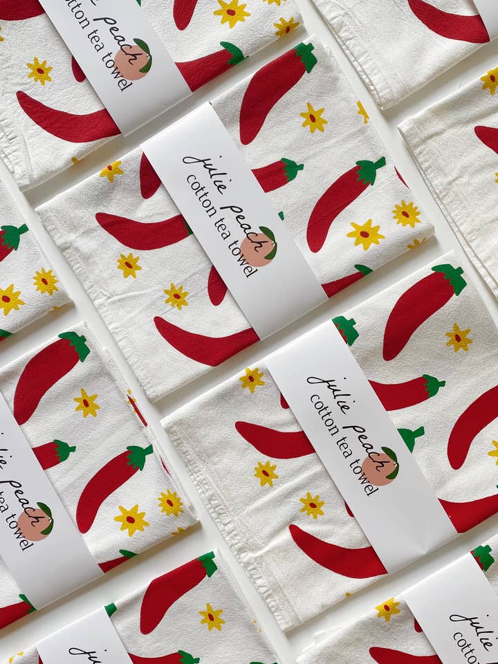 White Chili Toss 20" Tea Towel - Silkscreened 100% Cotton for wholesale by Julie Peach