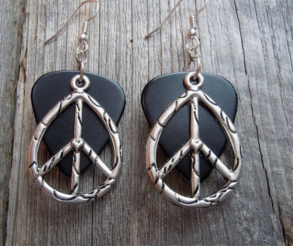 Simply Raevyn - Wholesale Dangle Earrings - Large Oval Peace Sign Charm Guitar Pick Earrings10