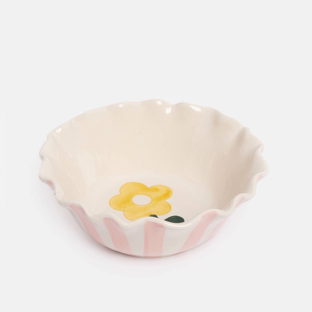Caroline Gardner - Wholesale Decorative Plate/Dish/Bowl - Pink Outside Stripe /Yellow Flower Frilly Bowl0