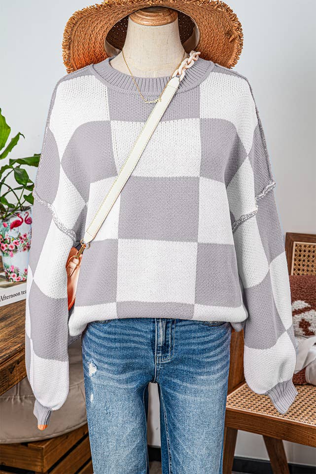 fashionworks - Wholesale Knit Sweater - Women's - Fashion-W Checkered Bishop Sleeve Sweater*S-2XL8