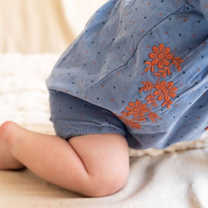Coral Blue Floral Embroidered Corduroy Bubble Baby Romper (Organic) for wholesale on Faire