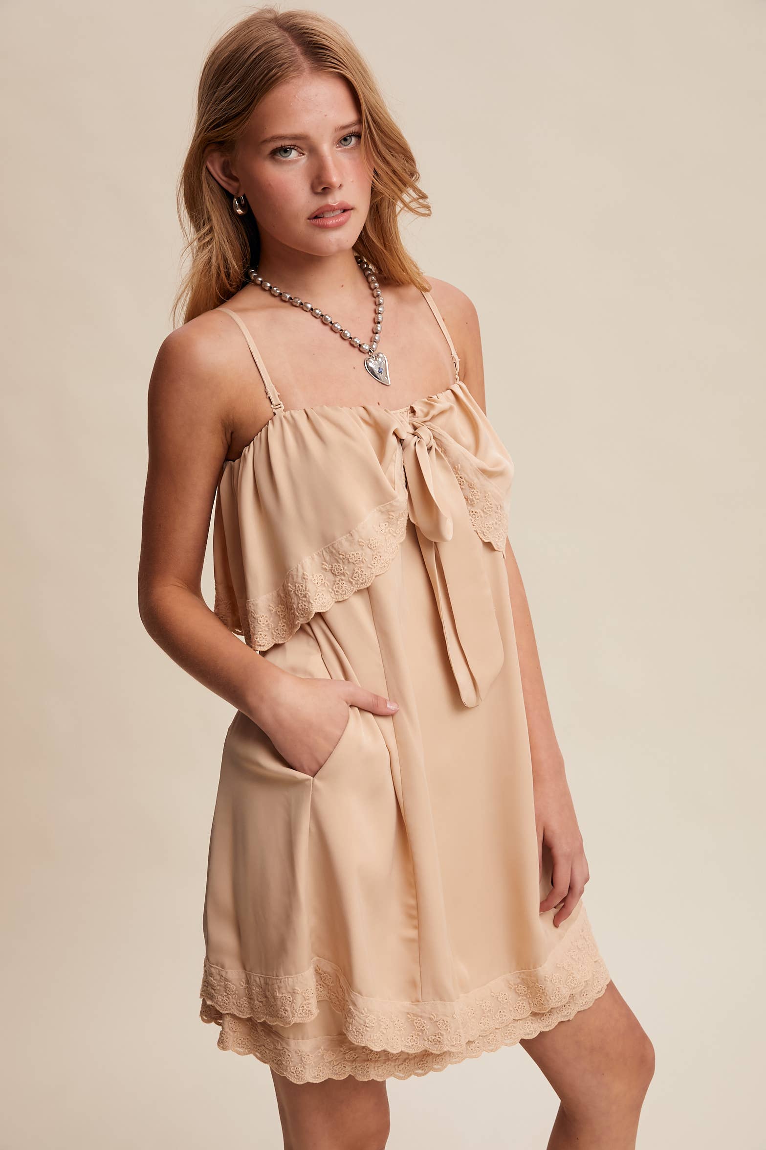 Listicle - Wholesale Dress - Women's - Bow Front Lace Trim Mini Dress LD10636