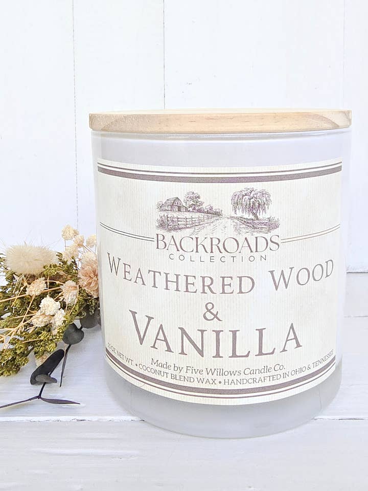 Weathered Wood & Vanilla 15 oz. Signature Tumbler for wholesale by Five Willows Candle Co.