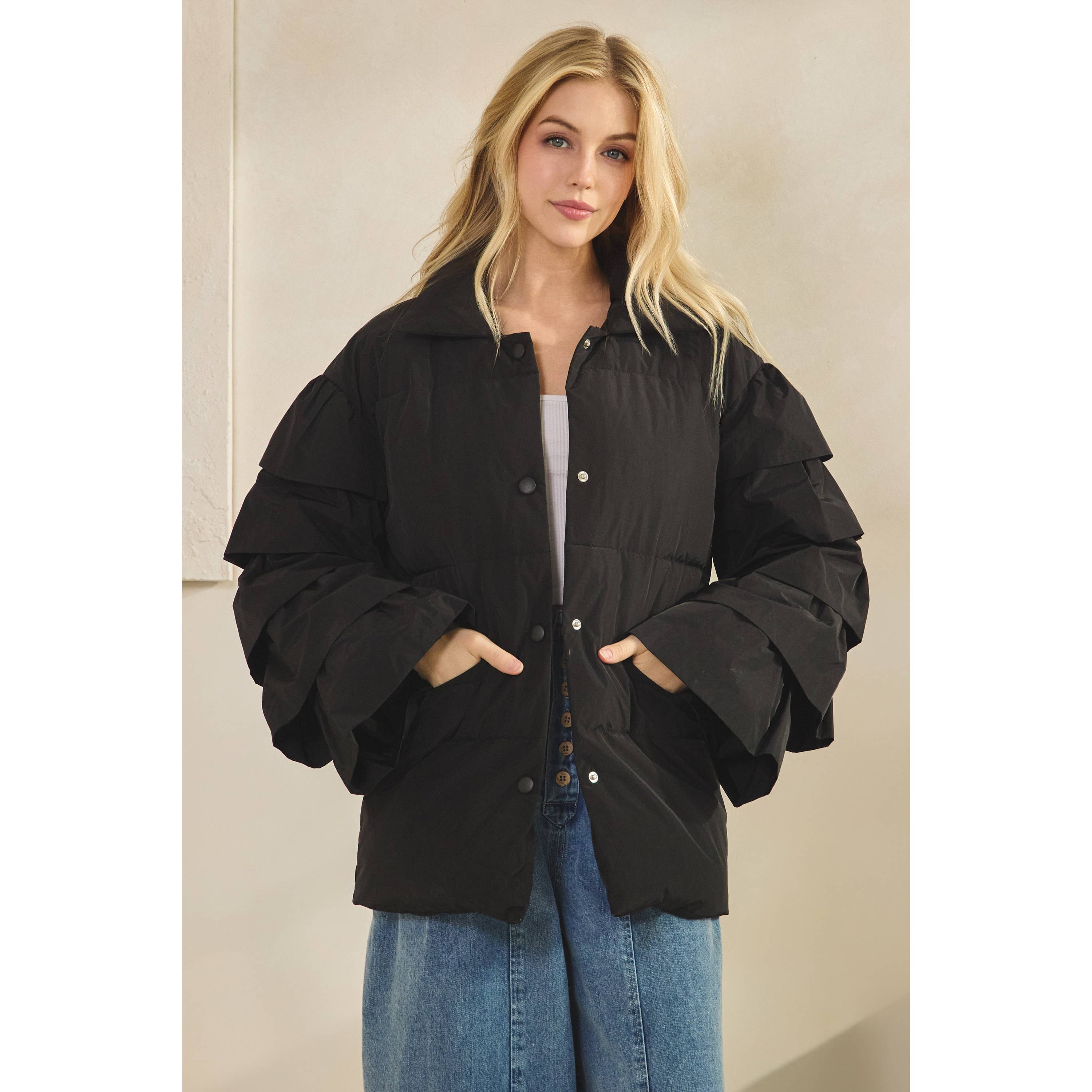 Veveret - Wholesale Jacket - Women's - Tiered Ruffle Long Sleeve Padded Jacket12