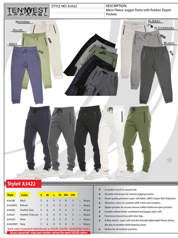 Mens rubber zipper fleece pant - H. Grey - A3422G for wholesale by Ten West Apparel