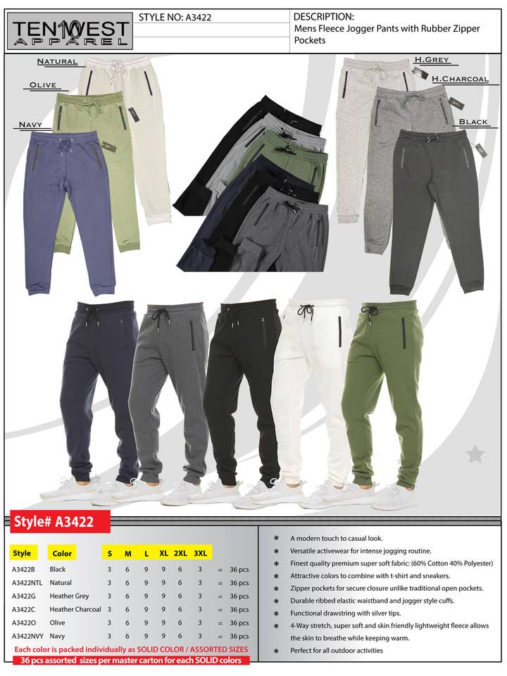 Mens rubber zipper fleece pant - Natural - A3422NTL for wholesale by Ten West Apparel