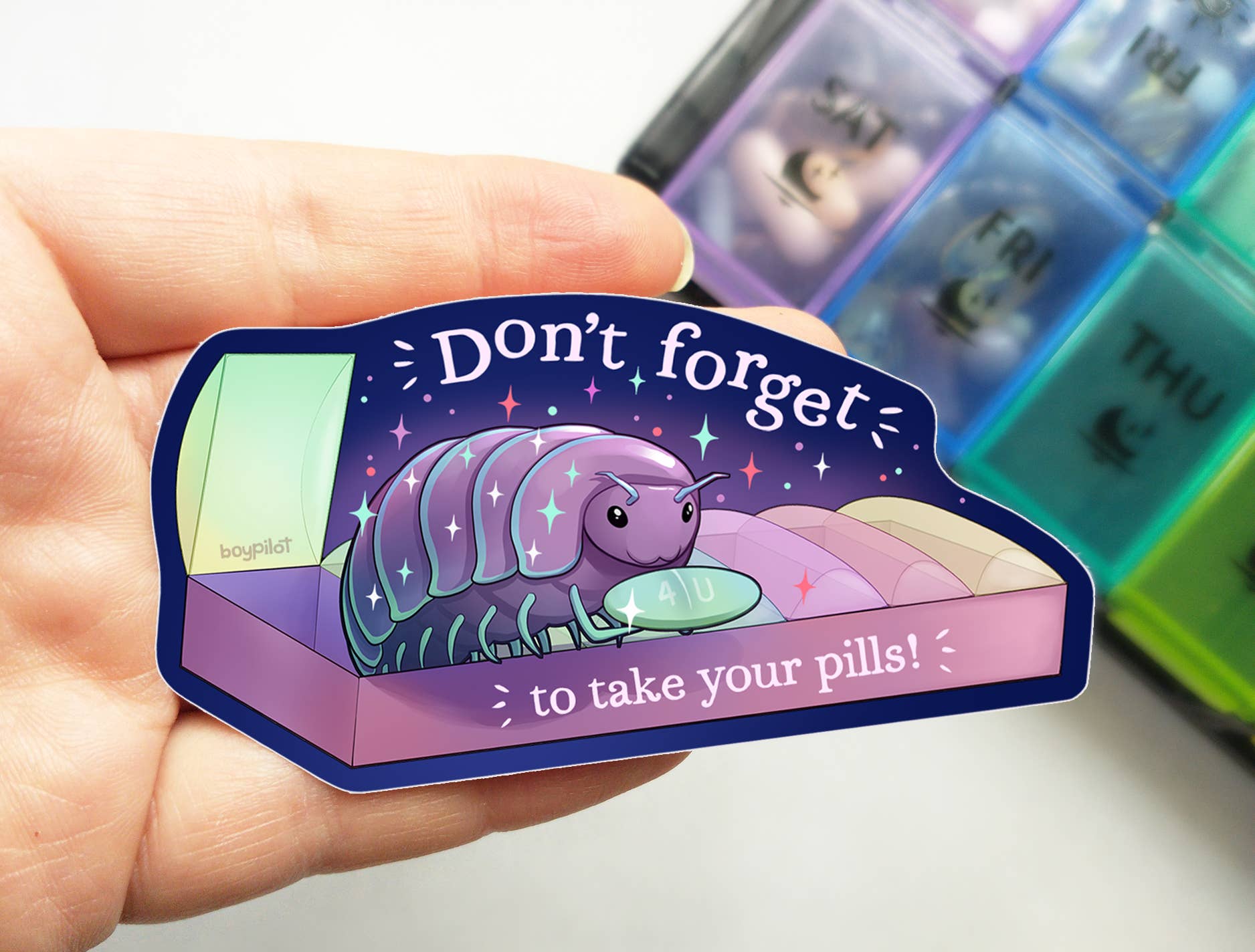 BoyPilot Goods - Wholesale Sticker - Pillbug Medication Reminder Sticker - 3" vinyl sticker1