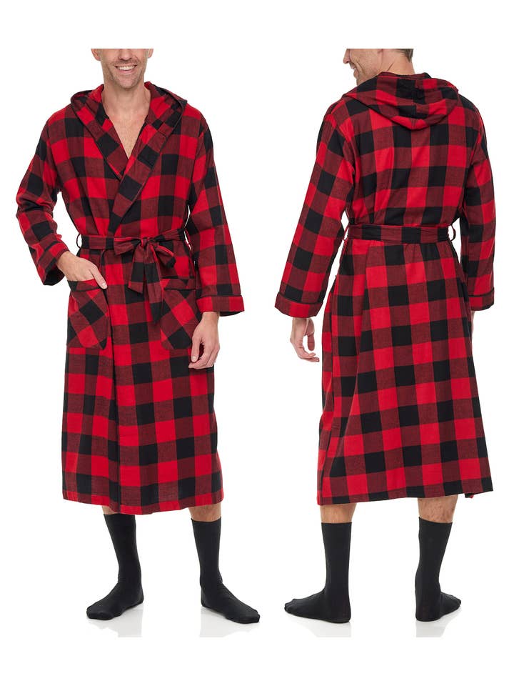 Buffalo Check, confezione da 2, colore: rosso, bianco Accappatoio lungo con cappuccio in flanella di cotone pettinato al 100%, confezione da 2 in vendita all'ingrosso su Faire4