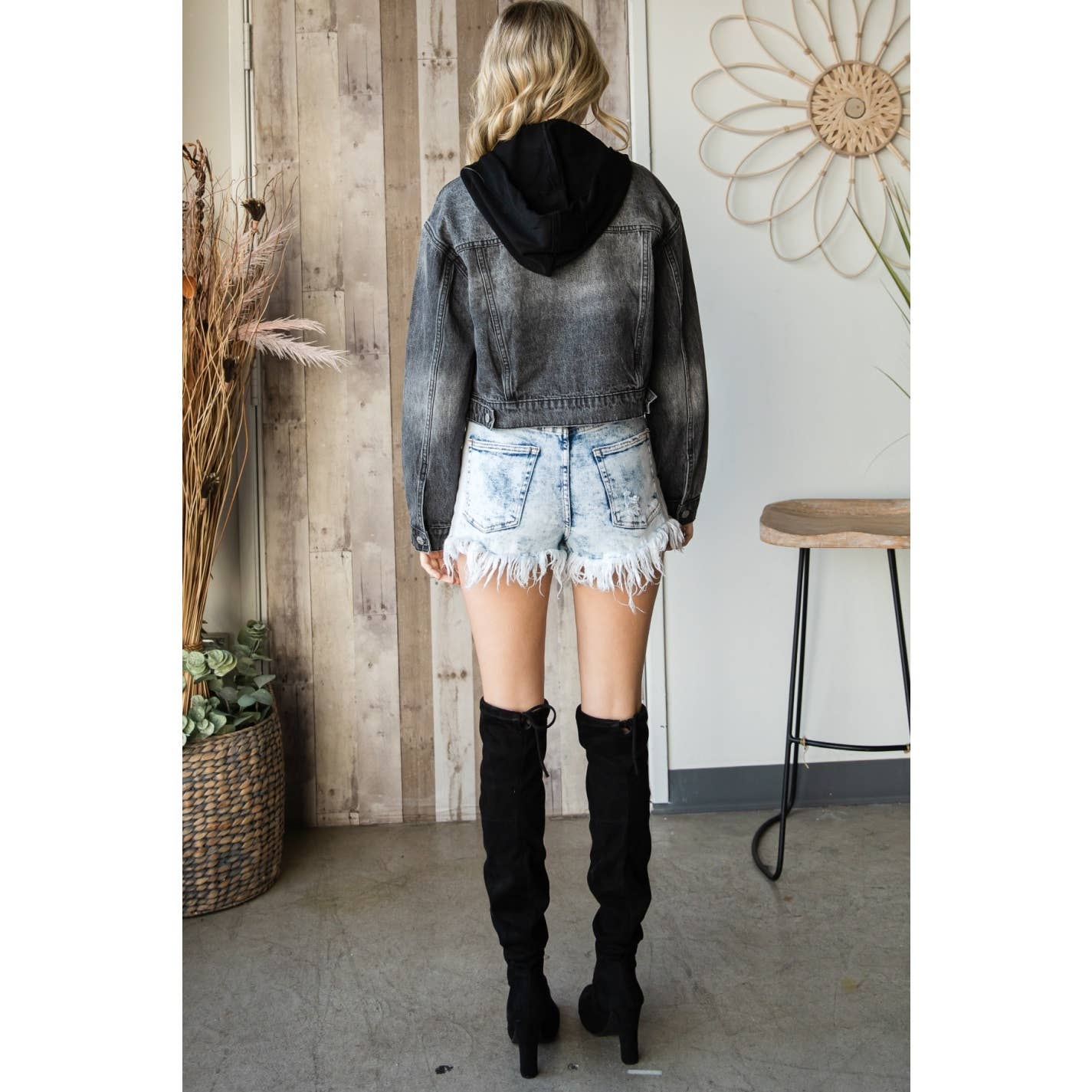 Washed Black Cropped Denim Hood Jacket for wholesale on Faire9