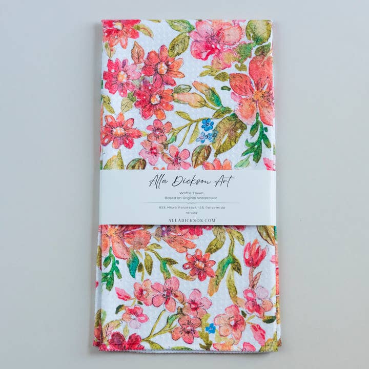 Summer Floral Pattern Red Flower Waffle Towel Kitchen for wholesale by Alla Dickson Art