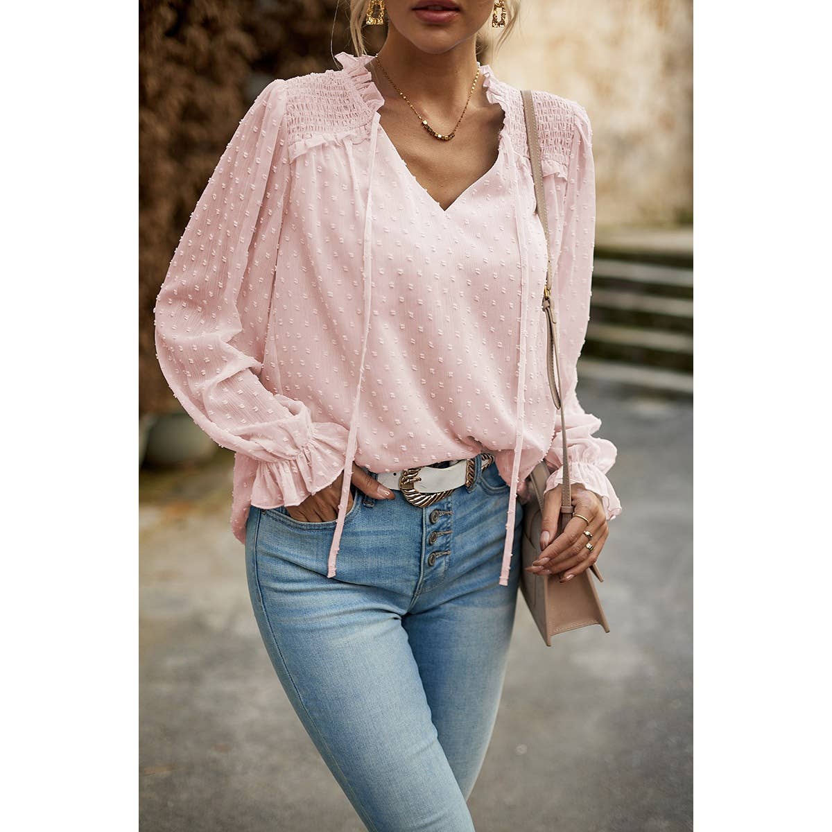 Elings - Wholesale Blouse - Women's - Swiss Dot Ruched Shoulder Hem Ruffle Blouse8