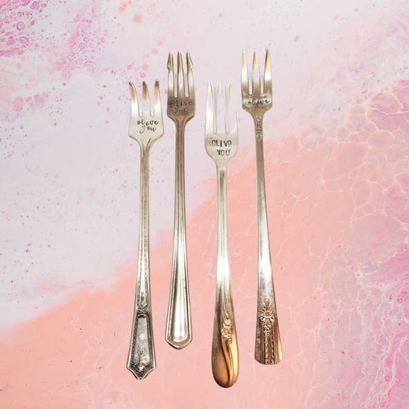 juNxtaposition® - Wholesale Table Fork - hand stamped olive fork OLIVE YOU2