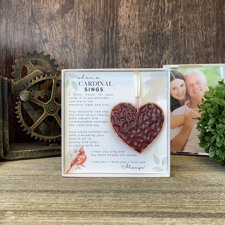 The Grandparent Gift Co. Inc. - Wholesale Ornament - When A Cardinal Sings Memorial Stained Red Glass Heart 4900