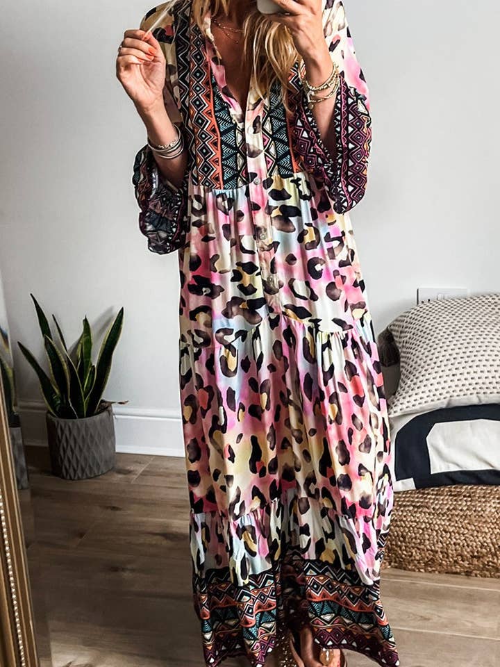 Rosa Western Leopard Tired Maxiklänning för wholesale på Faire