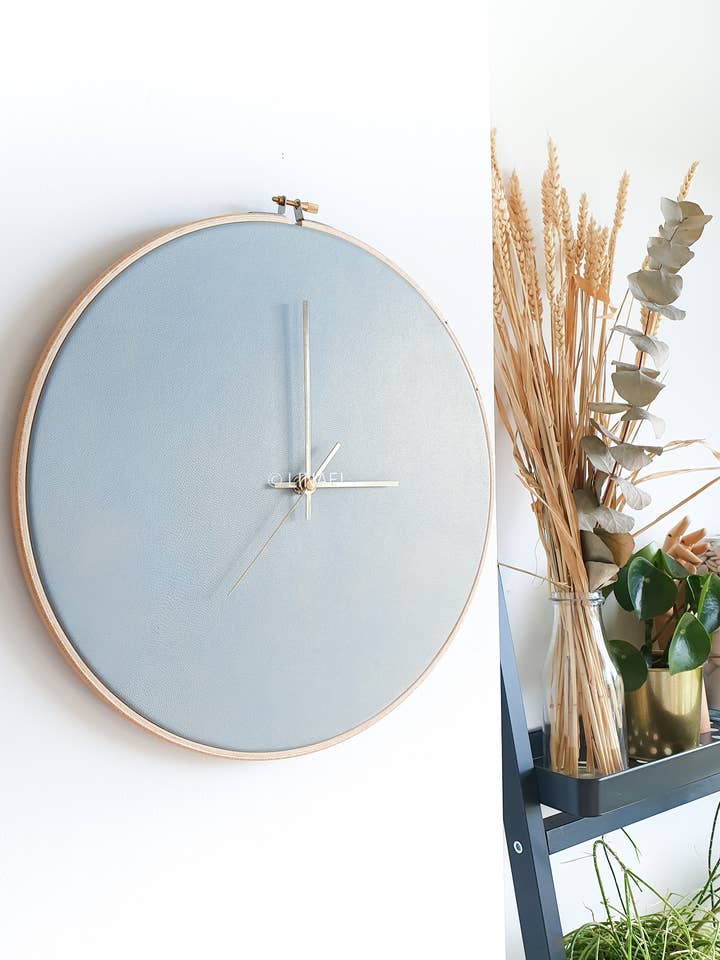 LEATHER WALL CLOCK – LARGE SIZE – PEARLY LIGHT BLUE for wholesale by Linael