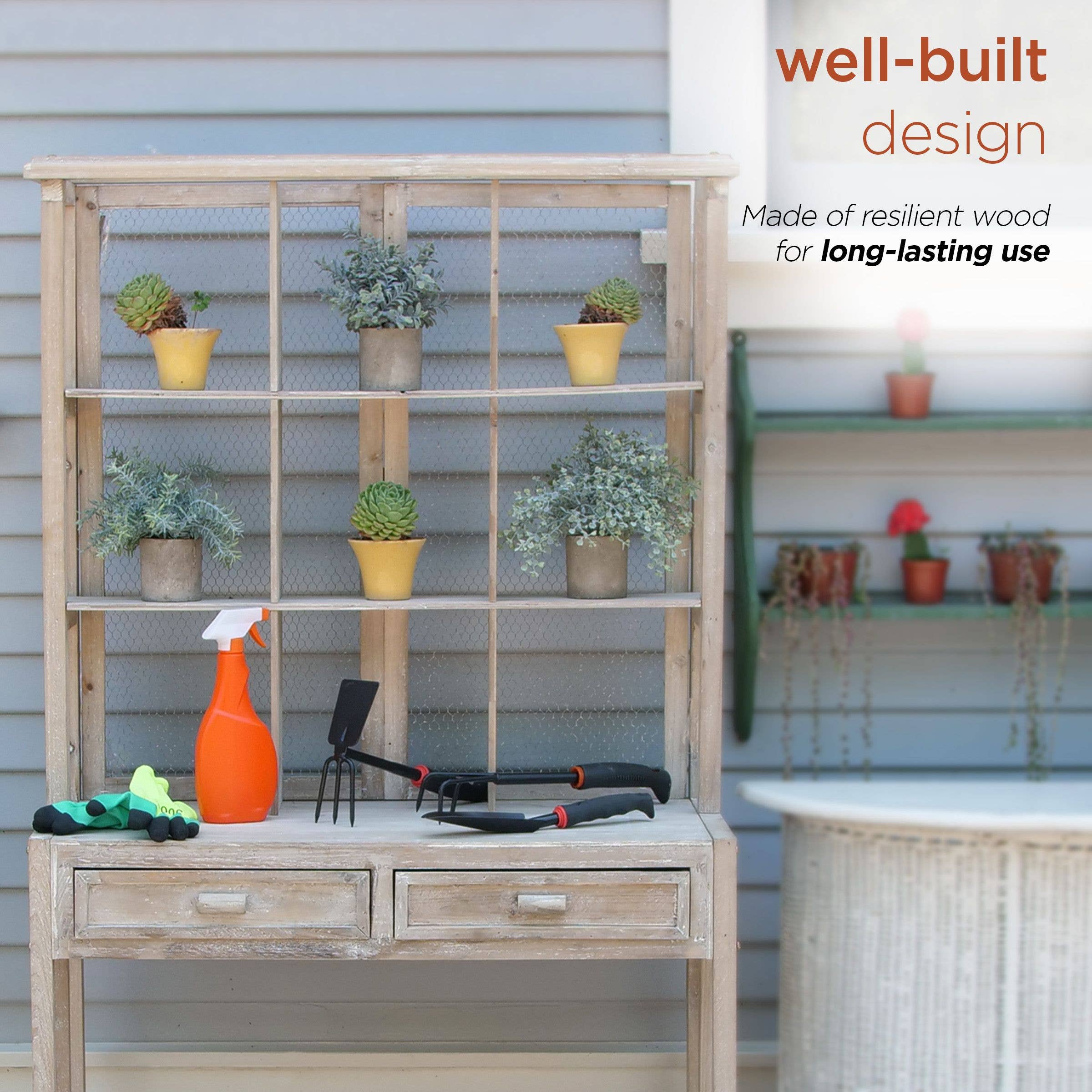 Alpine Corporation - Wholesale Outdoor Ornament/Decor - Alpine Corporation Rustic Wooden Potting Hutch with Shelves4