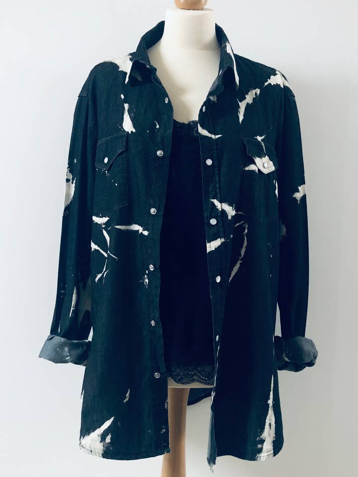 Tie Dye Black Cotton Denim Oversize Shirt - Shacket - Jacket for wholesale by Luxury Style UK