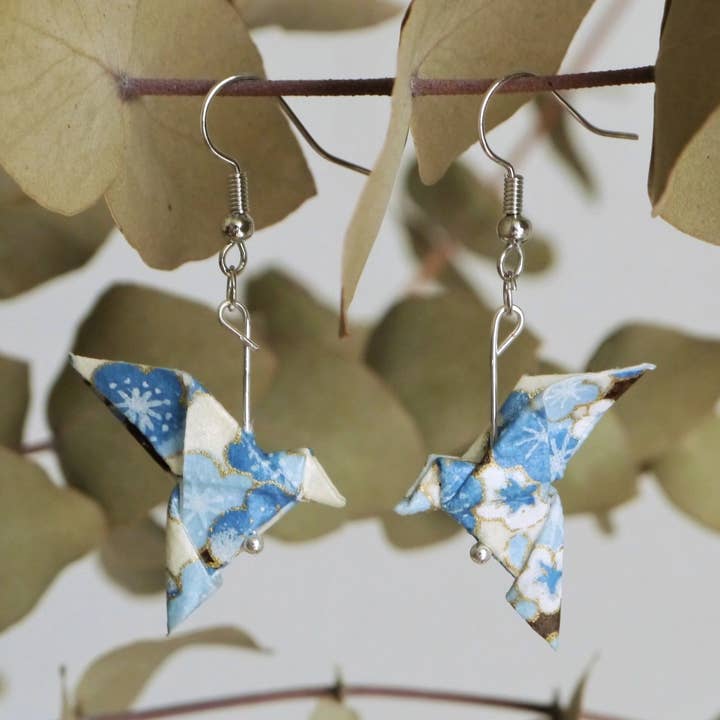Origami earrings - Dove couple - Blue flowers for wholesale by Dix janvier