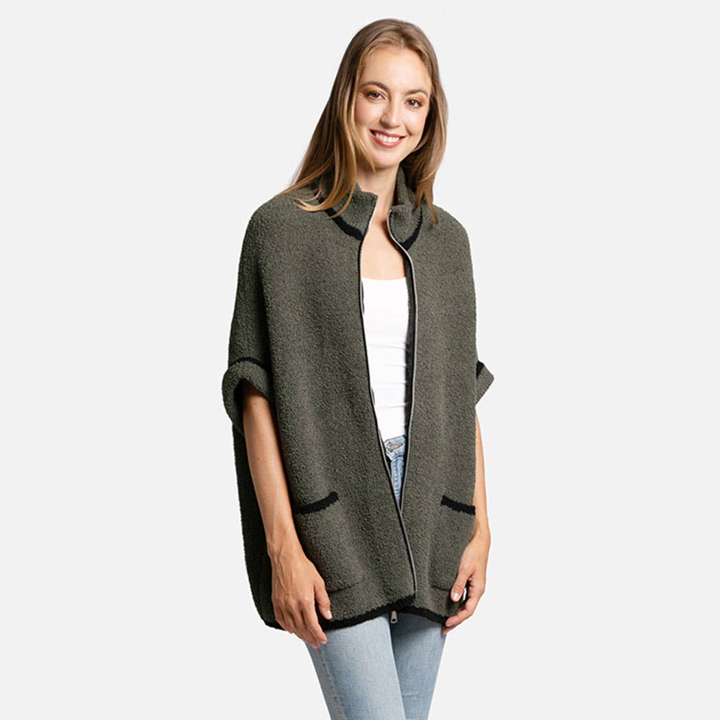 Fashion City - Wholesale Outerwear Poncho - Women's - Solid Zipper Jacket with Outlined Edges21