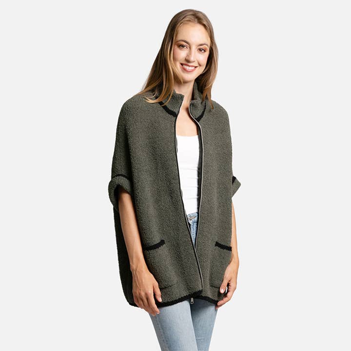 Fashion City - Wholesale Outerwear Poncho - Women's - Solid Zipper Jacket with Outlined Edges21