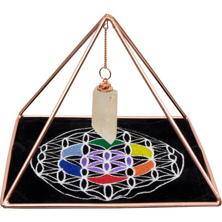 Kheops International - Wholesale Spiritual Stone/Crystal - Copper Pyramid Energizer Set w/Crystal Point & Velvet Mat