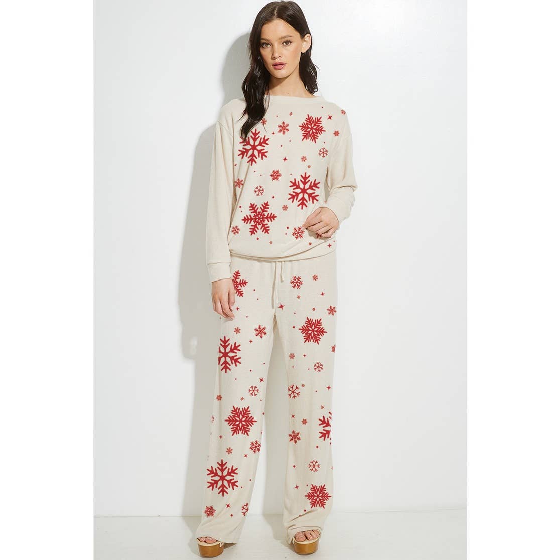 Phil Love - Vendita all'ingrosso Completo top e pantaloni (NON loungewear) - Donna - Set di abbigliamento da salotto in morbida spazzola Snowflake Allover6
