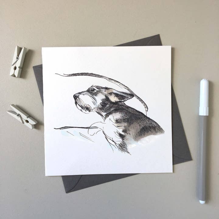 Schnauzer Stewie - Top Dog hand-drawn greeting card for wholesale by SJ. Vickery Designs Ltd.