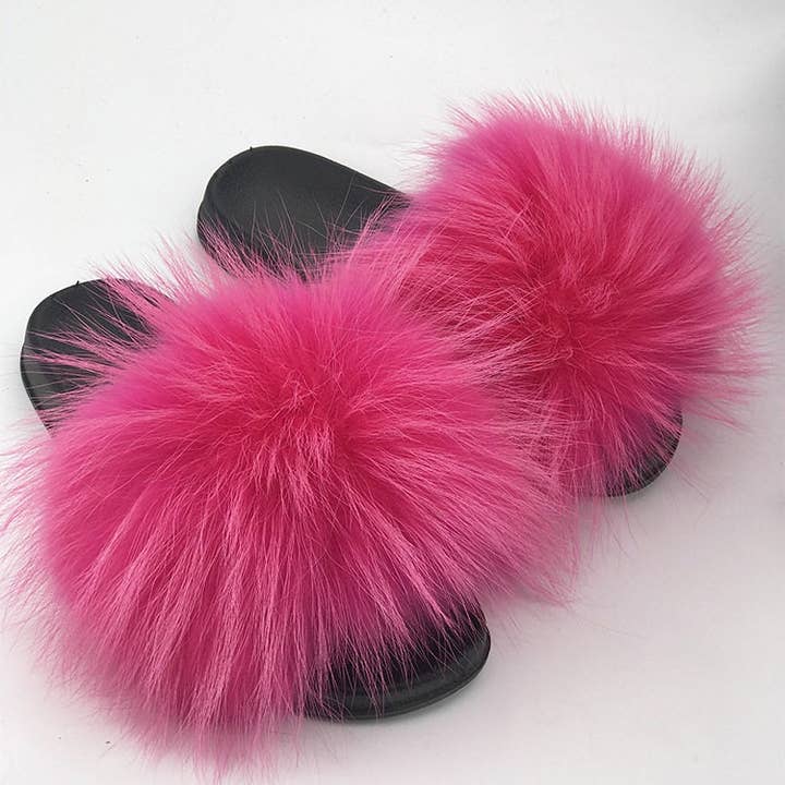 FurDecoration - Venta al por mayor Zapatillas para casa - Mujer - Pompones esponjosos de piel de mapache para mujer y niña