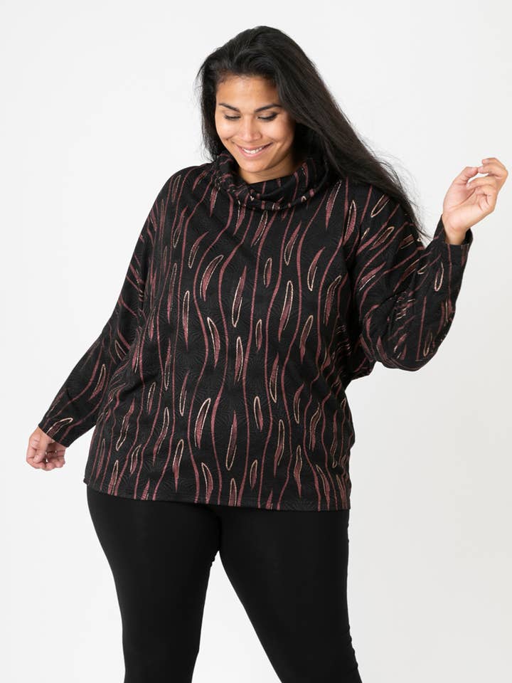 Plus size red printed turtleneck sweater (C6631) for wholesale by Pomme Rouge Paris