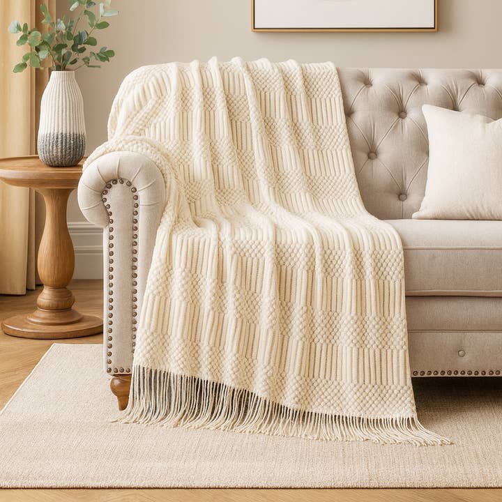 Fennco Styles - Wholesale Throw Blanket - Ivory Waffle Stripe 50x60 Inch Throw Blanket0