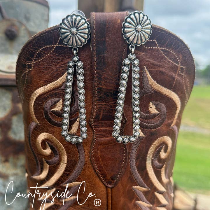 Navajo Bubble Dangle Statement Earrings Concho Accent for wholesale by Texas Western Cowhide Bags and More