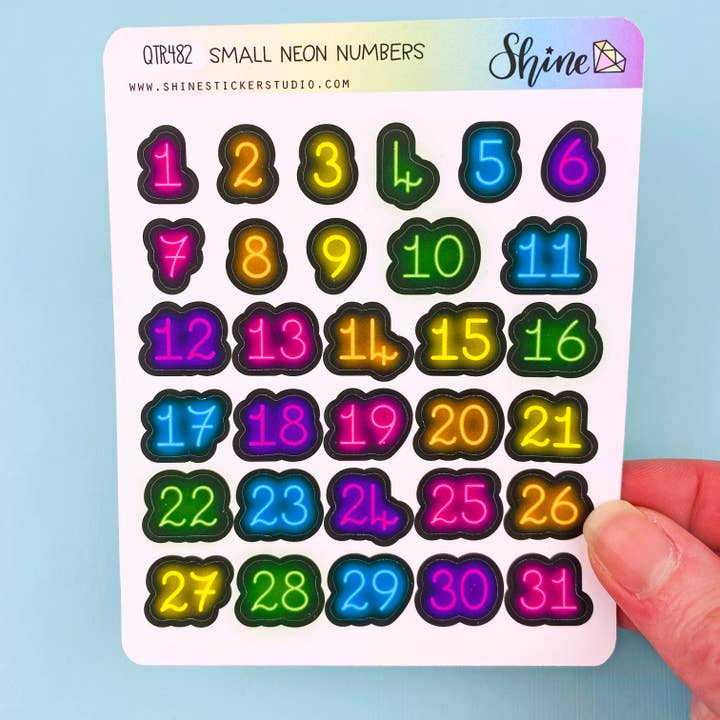 Small Neon Date Numbers Planner Stickers for wholesale by Shine Sticker Studio
