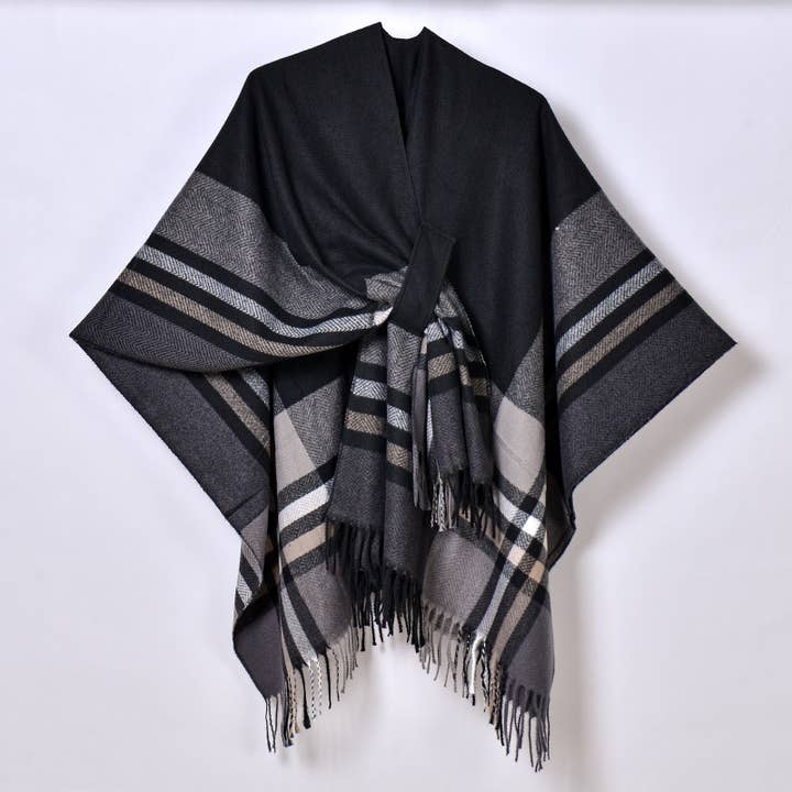 Rosa Clothing - Wholesale Wrap - Women's - Asymmetric Plaid Tassel Thermal Shawl Ruana
