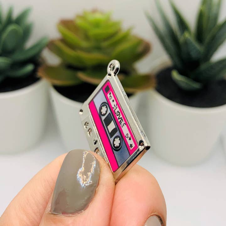 Guerrilla Charm - Wholesale Individual Charm/Pendant - Pink and Silver 80's Cassette Charms, 29x19mm4