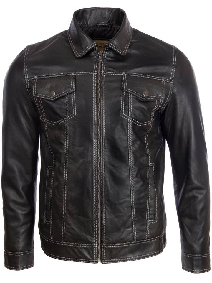 AGQ5 Men's Trucker Harrington Jacket - Black/White for wholesale by Aviatrix