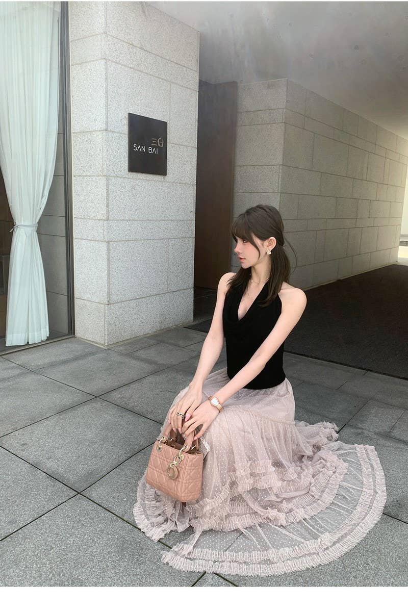 NINEXIS - Wholesale Skirt - Women's - CWBLS00714_2025 FLORAL MESH RUFFLE IRREGULAR MAXI SKIRT5