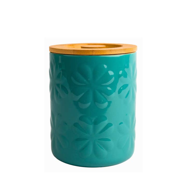 Carnaby Large Porcelain Embossed Jar Teal with Bamboo Lid for wholesale by Navigate Ltd