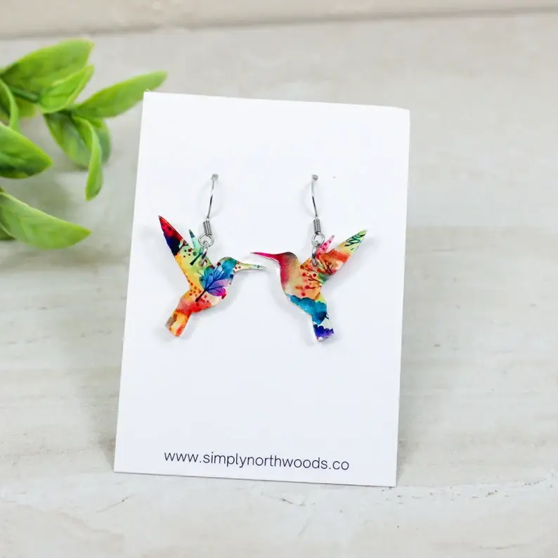 Grace + Joy Collective - Wholesale Dangle Earrings -  Cherry Blossom Hummingbird Dangle Earrings, Acrylic Earring3
