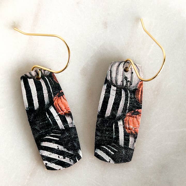 Black/White/Orange Pumpkin Pattern Leather Bar Earrings for wholesale by Fran and Bel