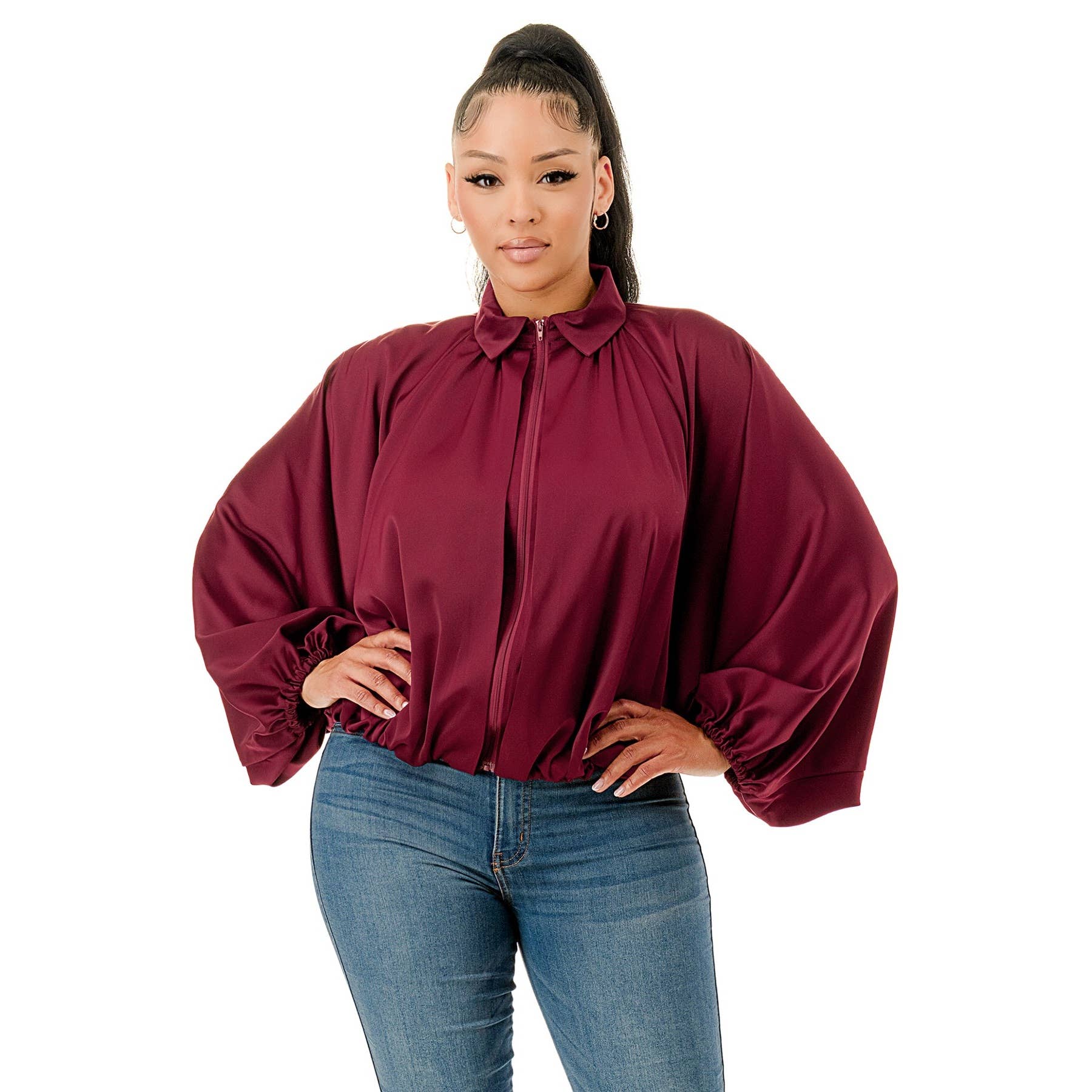 DORCAS - Wholesale Jacket - Women's - SATIN COLLARED ZIP FRONT BOMBER JACKET6