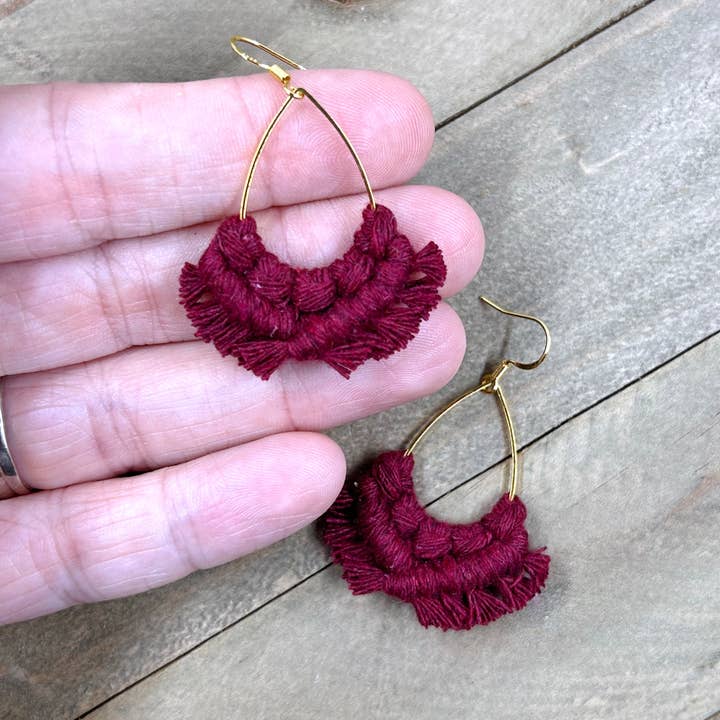 HK Macrame Jewelry - Wholesale Dangle Earrings - Small Teardrop Fringe Earrings - Burgundy & Gold4