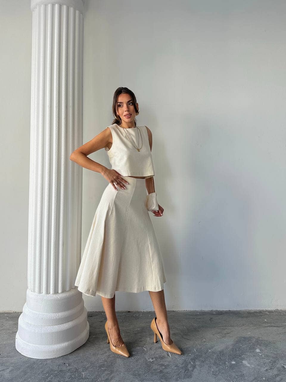 Design company-Fatma Balkir - Vente Ensemble haut et jupe - Femme - Ensemble élégant en lin avec jupe midi et blouse courte - Tailleur jupe4