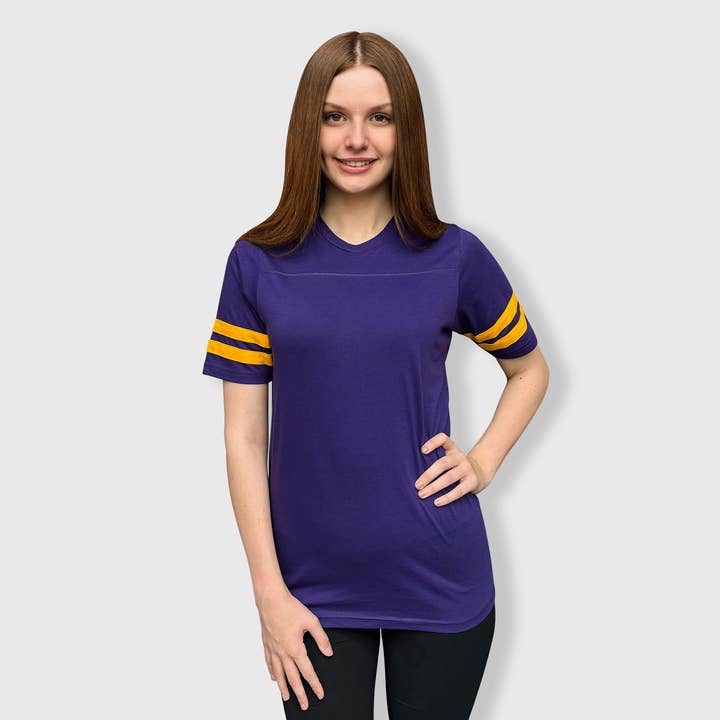 ILTEX Apparel - Wholesale T-Shirt - Women's - 2 Stripes Jersey T-Shirt - Purple and Gold1