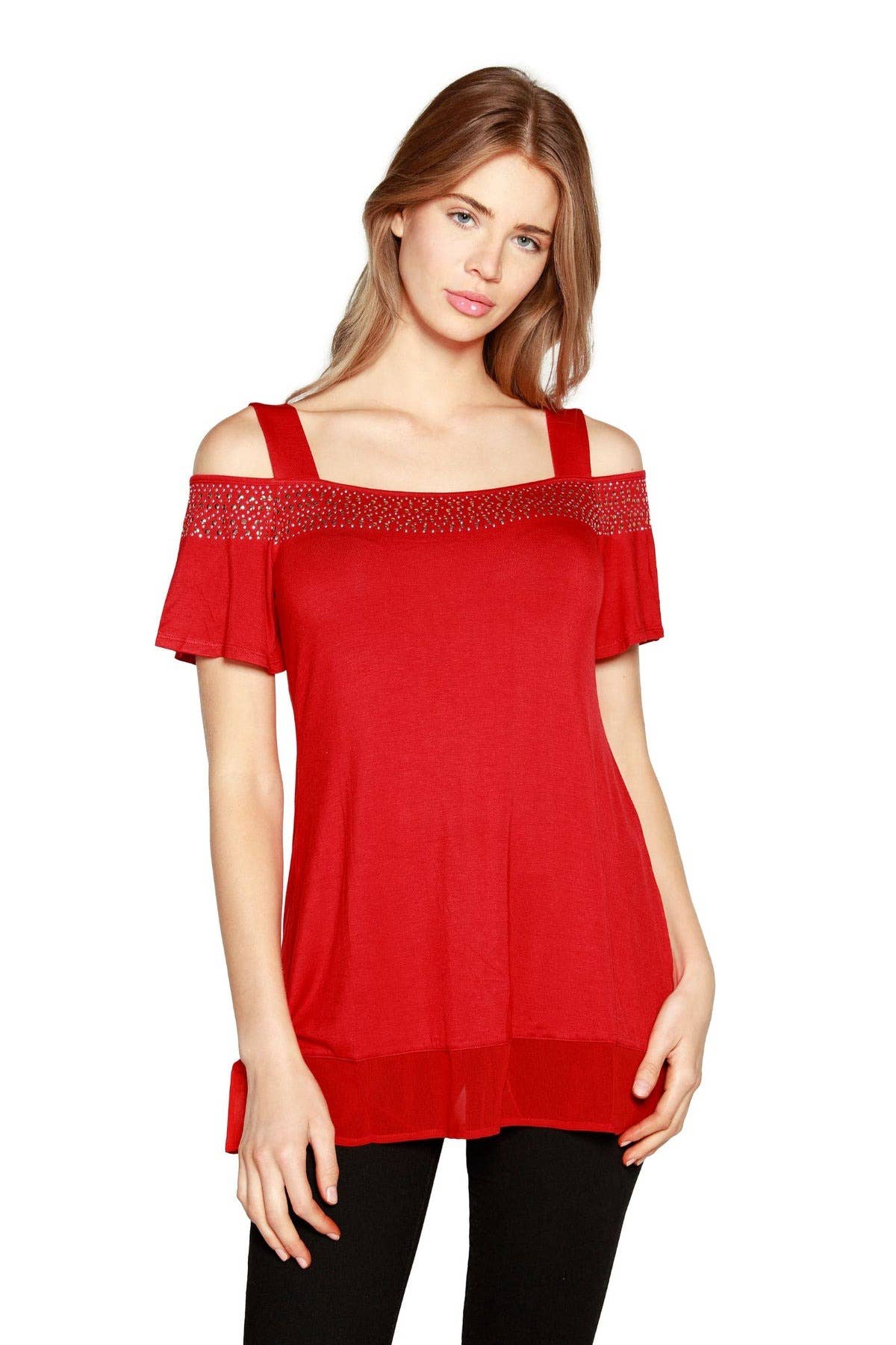 Belldini - Wholesale Blouse - Women's - Women's Cold Shoulder Tunic with Studs and Sequins13