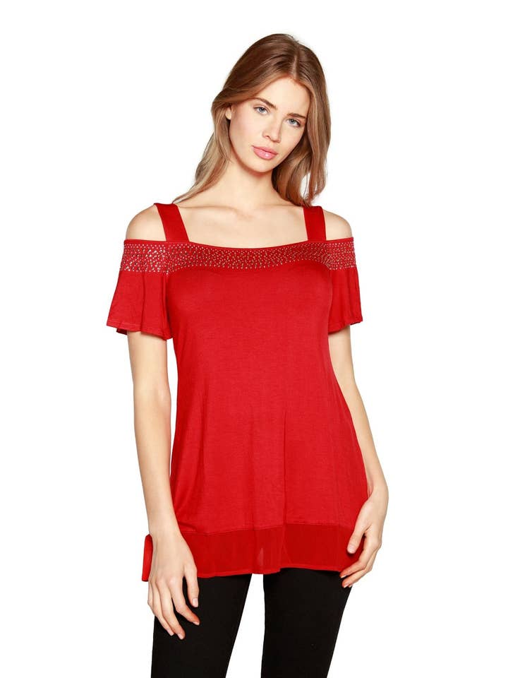 Belldini - Wholesale Blouse - Women's - Women's Cold Shoulder Tunic with Studs and Sequins13
