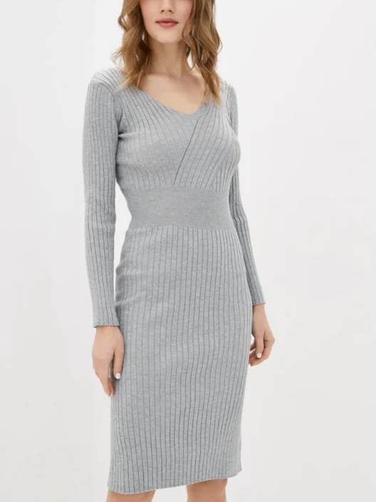 Dasti Knit Dress Ribbed Bodycon Midi Sweater Gray for wholesale by DASTI