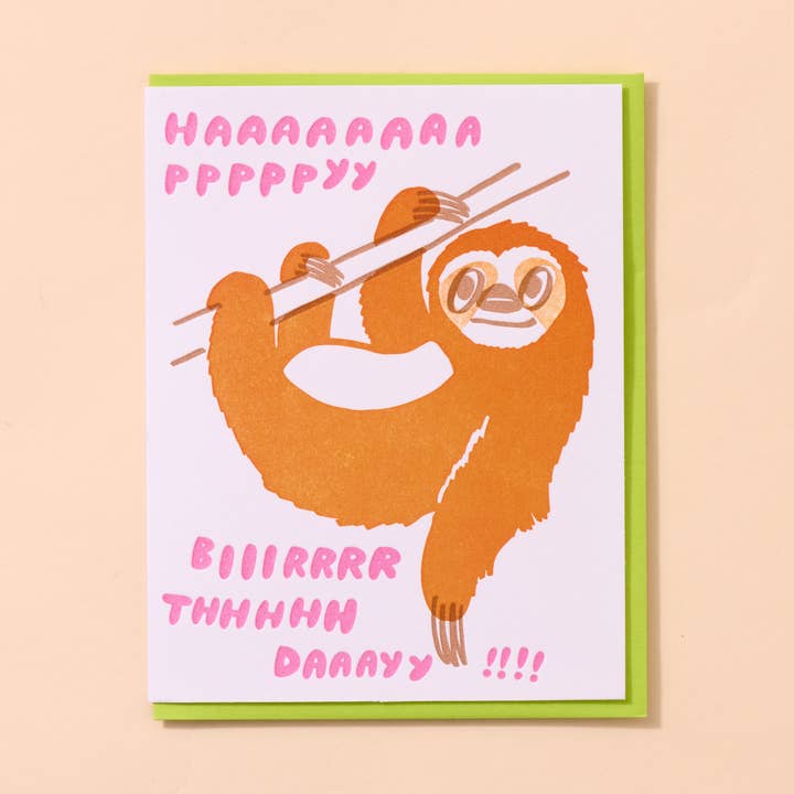 Happy Birthday Sloth Letterpress Greeting Card Kid Birthday- Made in USA for wholesale by And Here We Are